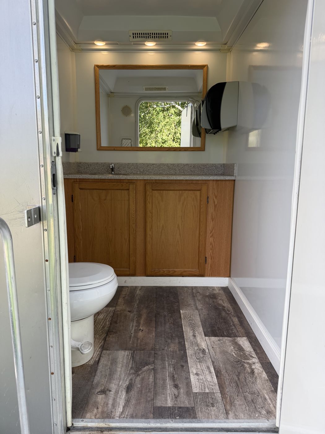 Interior vanity with wood cabinets